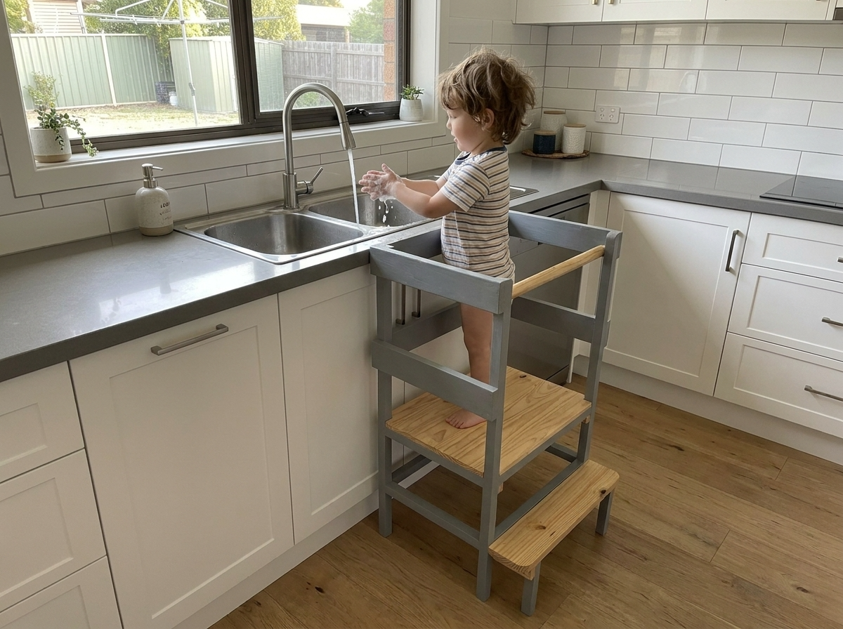 Child using a learning tower to reach the kitchen sink.